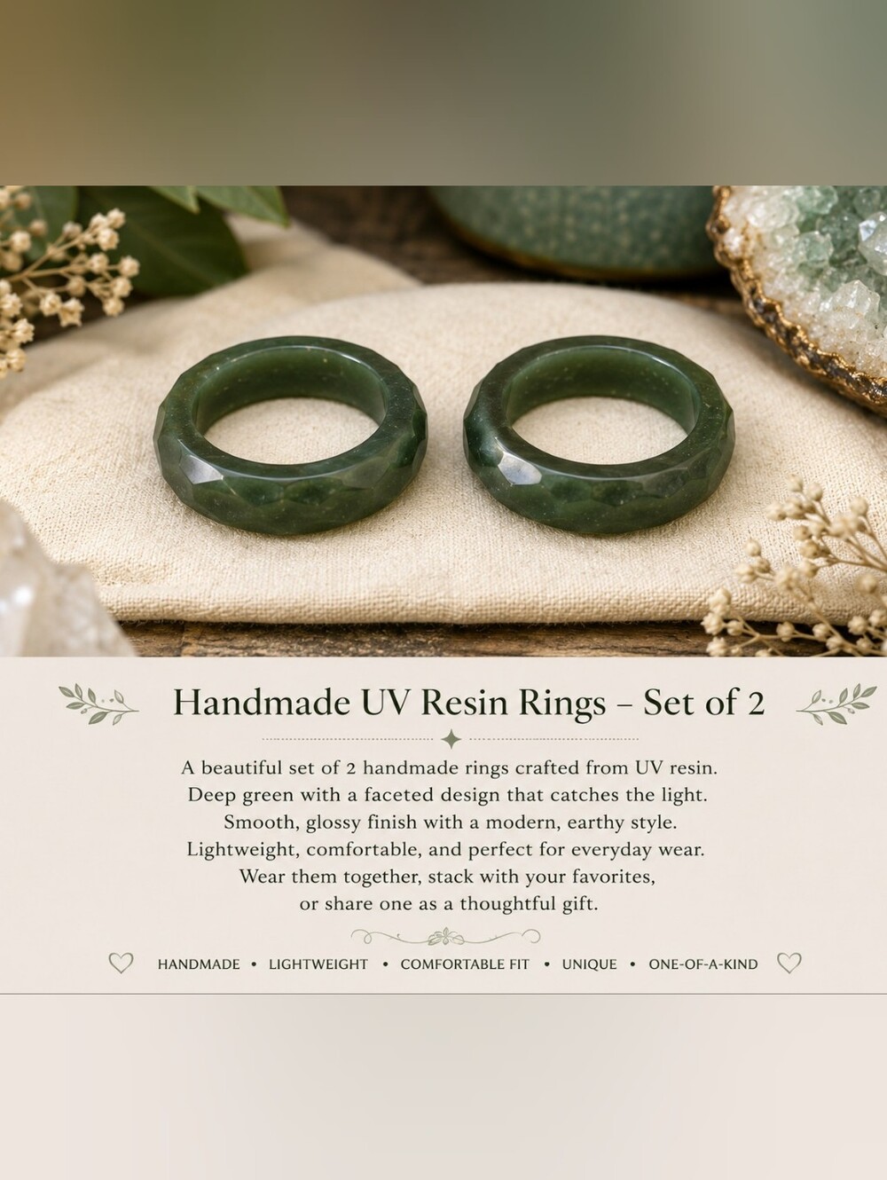 Handmade Deep Green Resin Rings – Set of 2